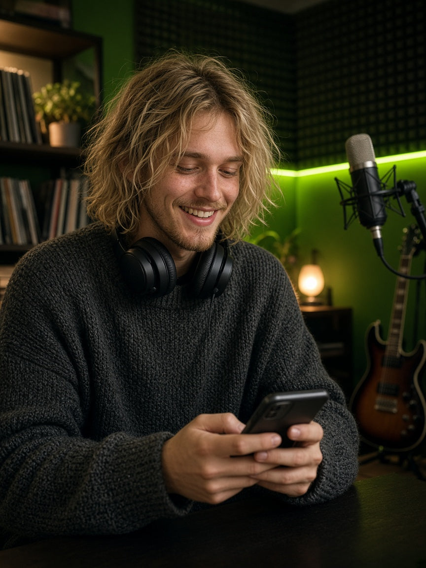 Independent musician smiling at his phone as his new release gains streams in a home studio