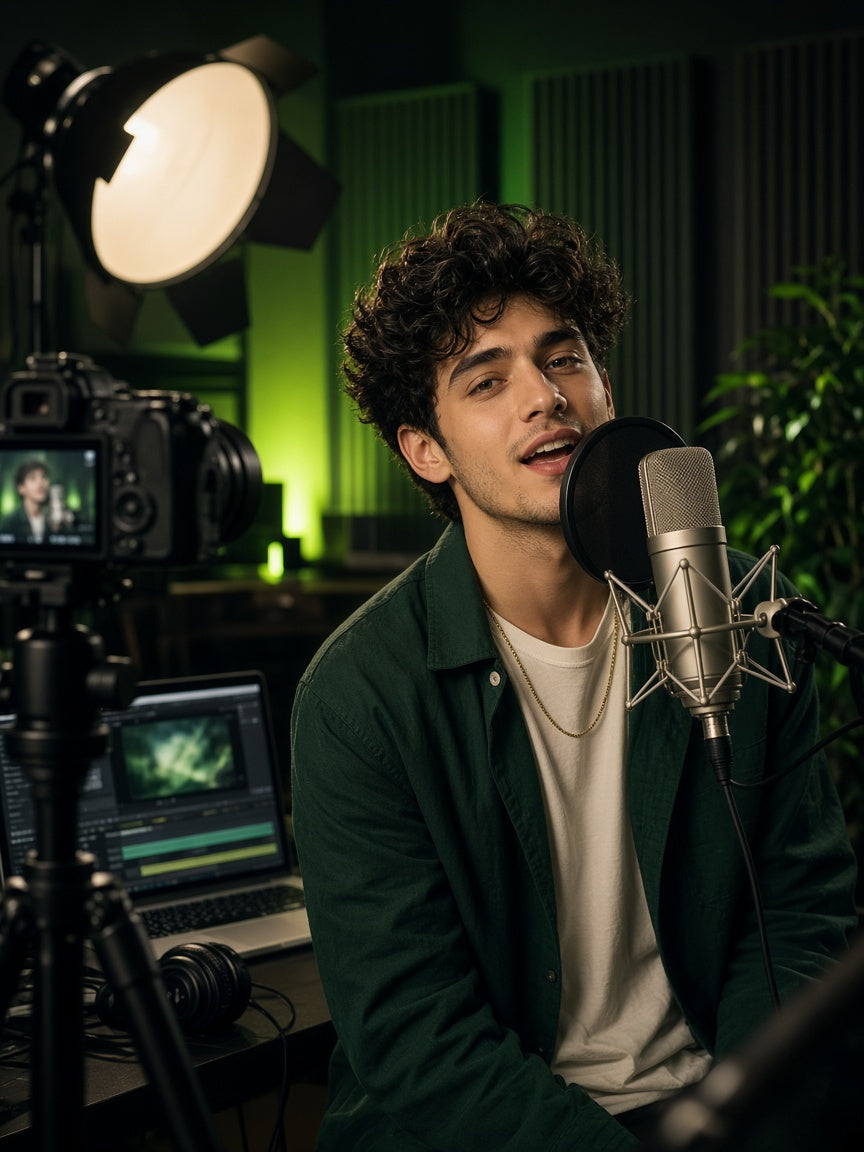 Independent creator recording a video in a home studio